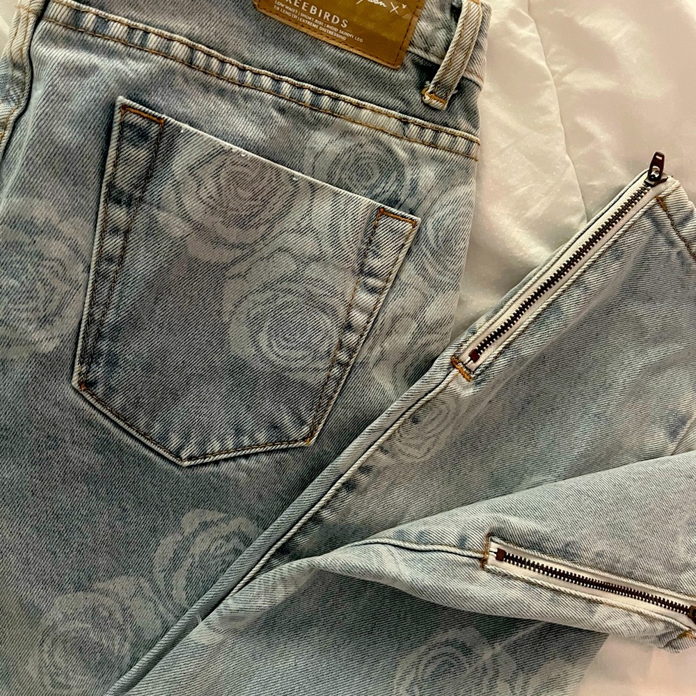 Freebirds Blue Distressed Jeans with Rose Pattern